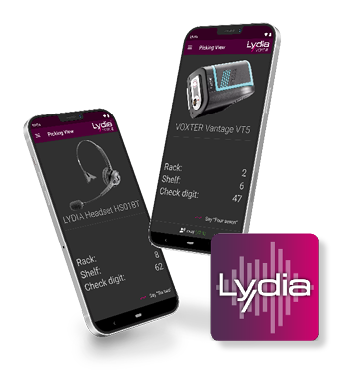 Android 携帯電話上のLydia®Voiceデモアプリには、アプリの画面が表示されています。